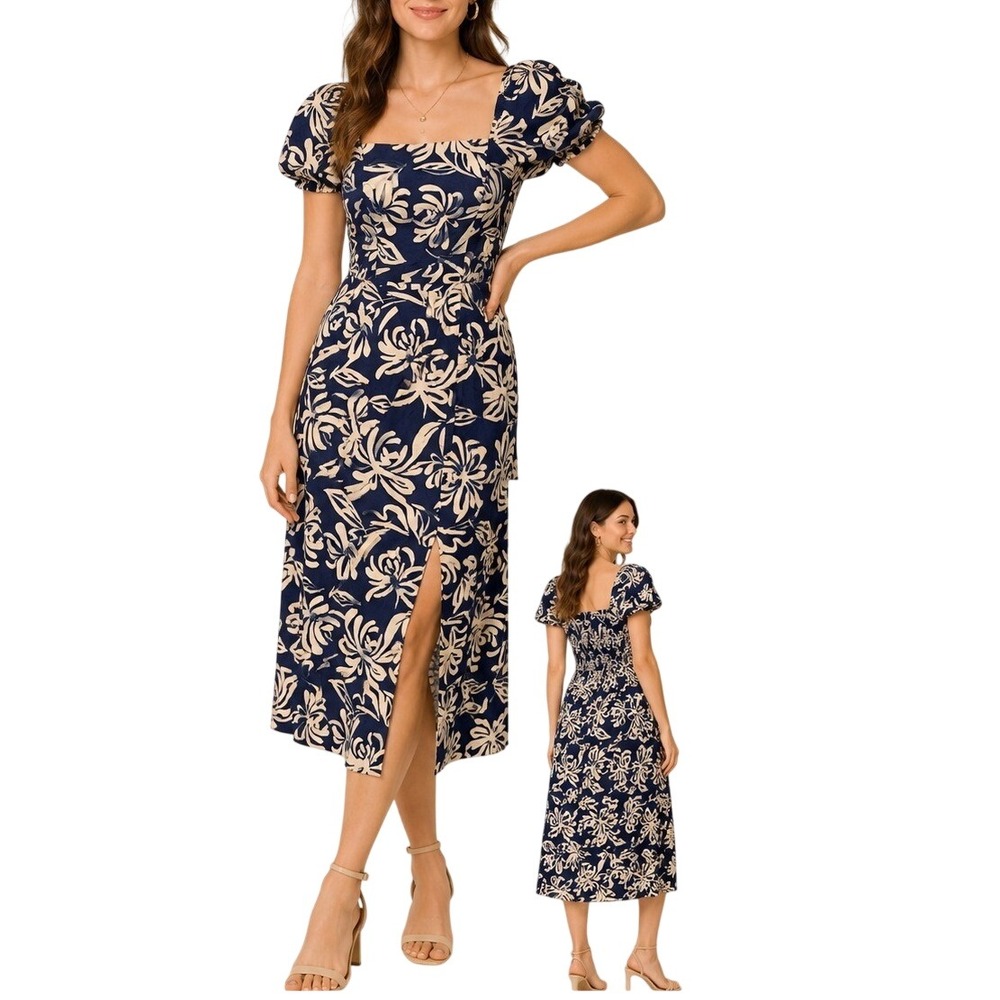 Monteau Los Angeles Navy Blue Floral Puff Sleeve Smocked Midi Dress XS Slit